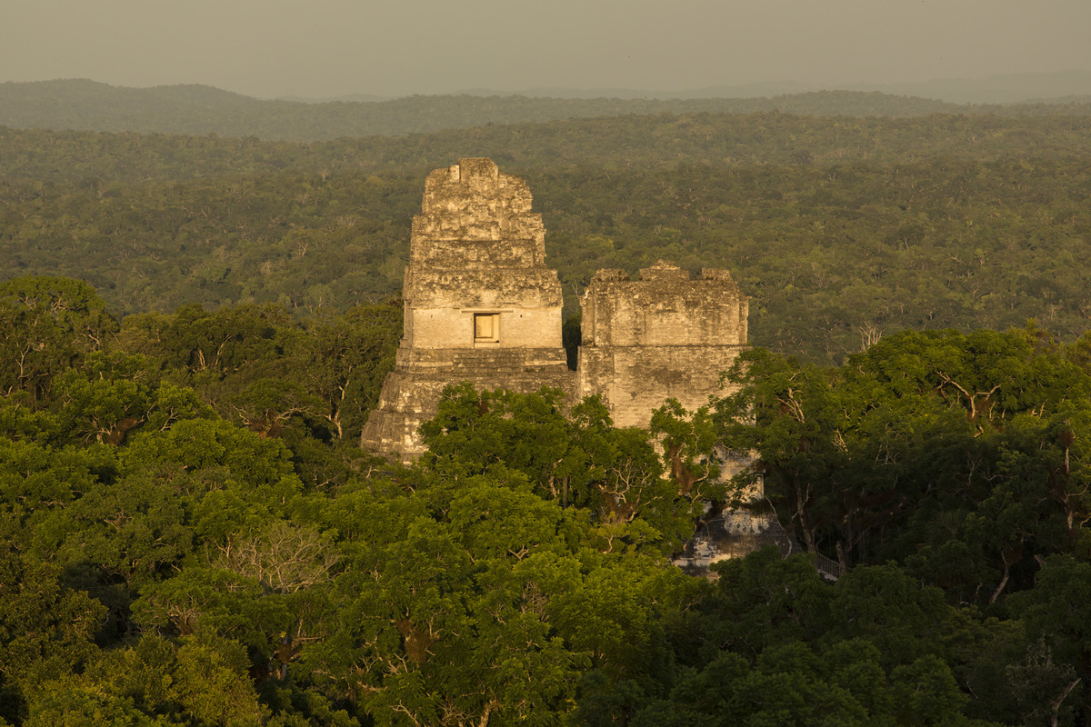 Temples I and II from Temple IV in the Mayan archeological site of Tikal National Park, Guatemala. 