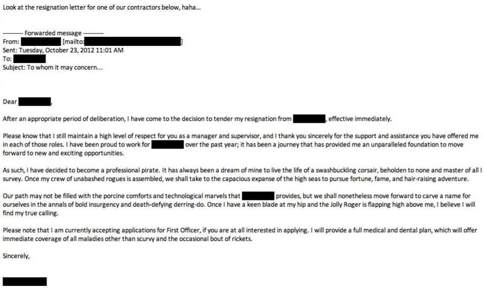 letter of resignation from man who wants to be a pirate