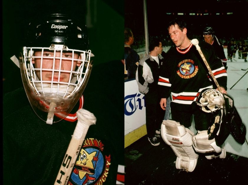 Keanu playing ice hockey in celebrity tournament