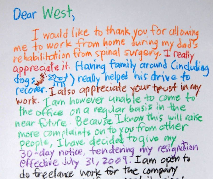 man resigned by writing a letter in crayon