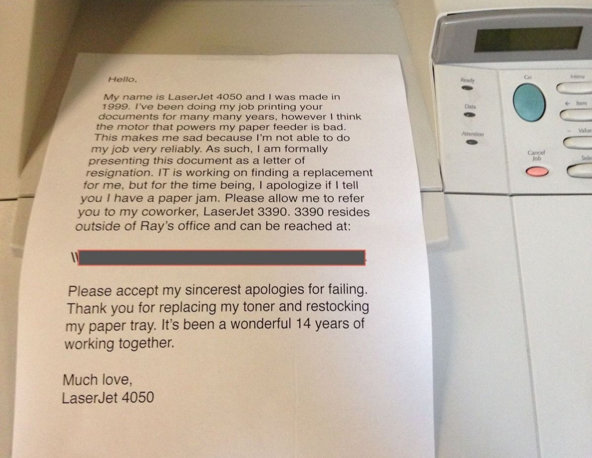 a letter from a printer that's 