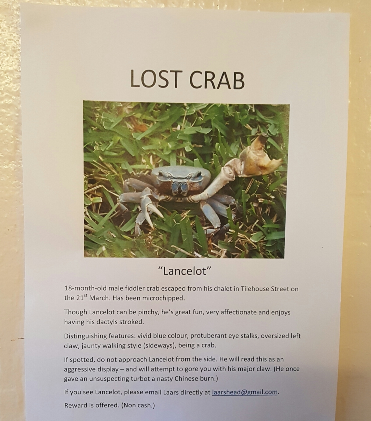 sign for a lost crab
