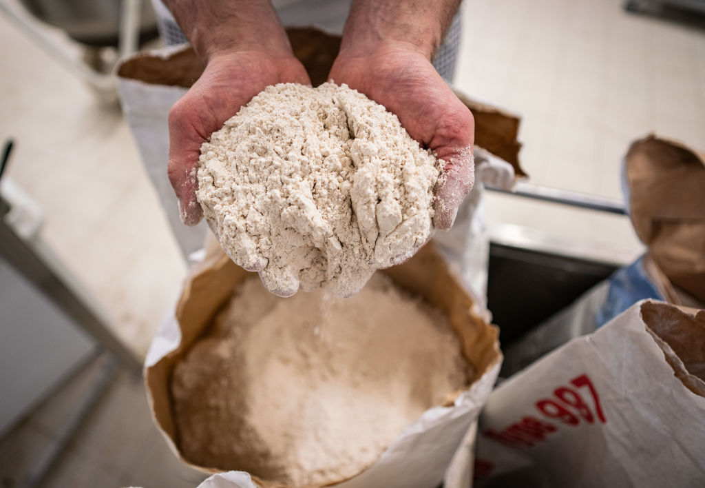 A baker hold flour is his hands up to the camera.