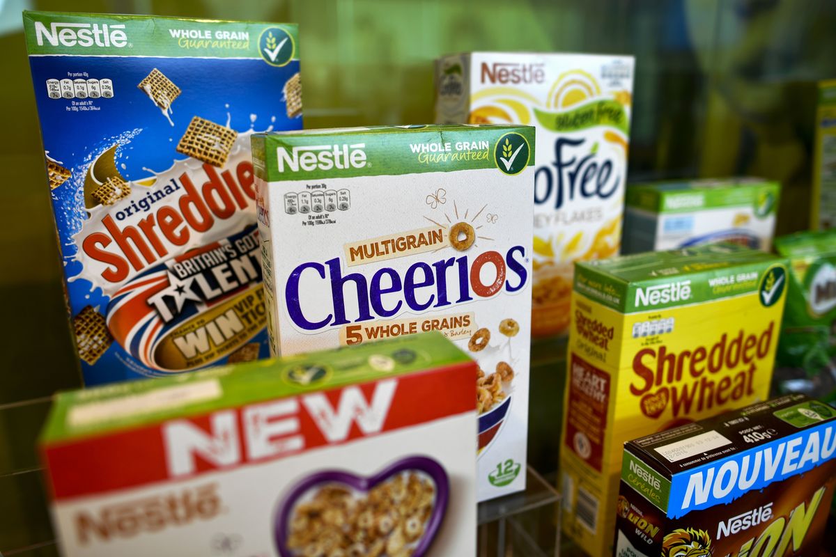 Vevey shows a display of boxes of Nestle breakfast cereals in a showroom of Swiss food giant's Nestle.