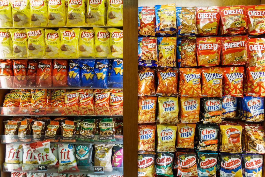 snack-size bags of chips displayed in a store