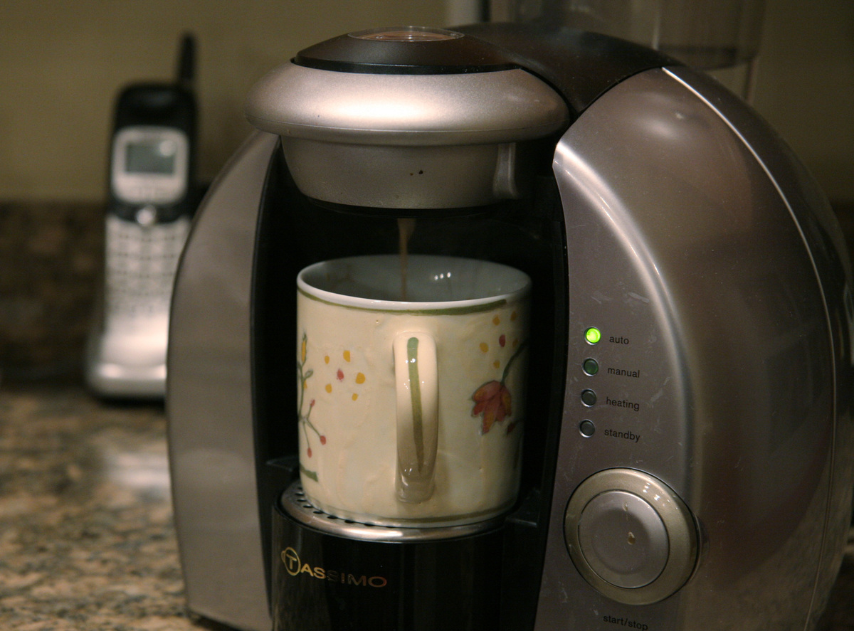 An automatic coffee maker brews coffee-by-the-cup in the condo of Kitty Bernard in Reston, VA.