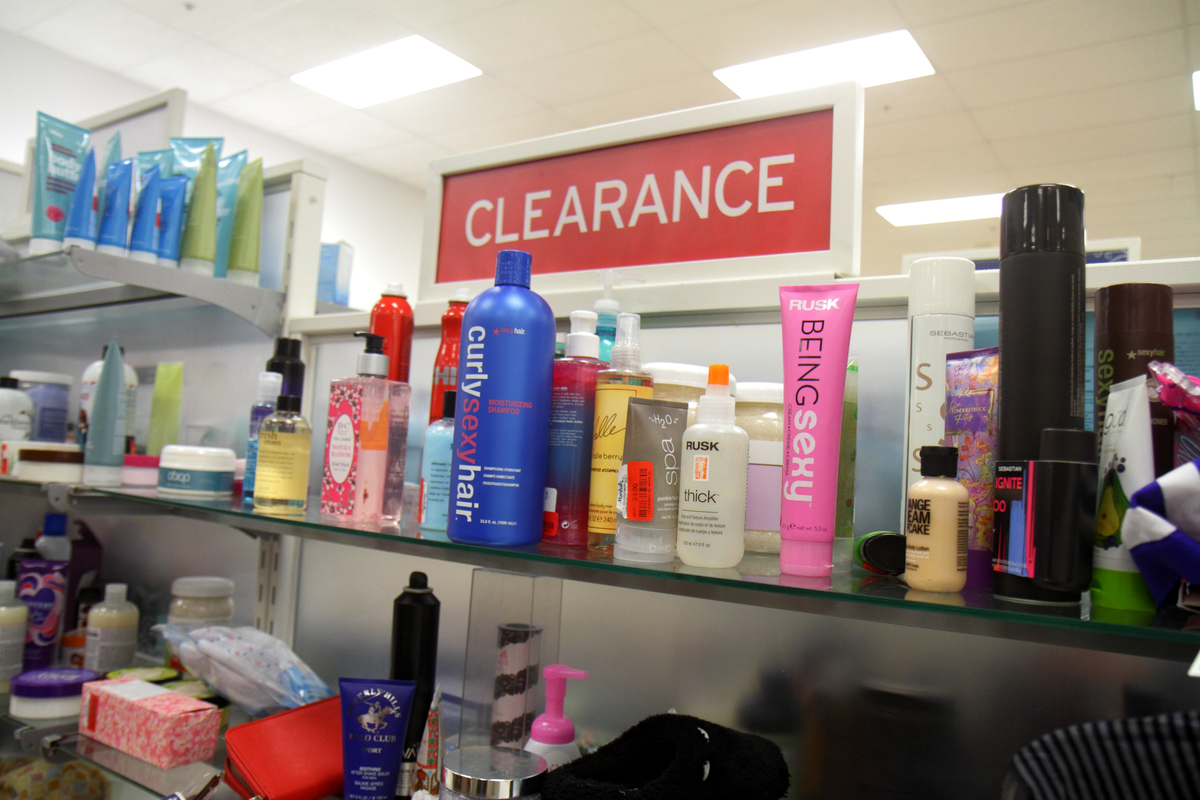 Clearance display in Marshalls discount department store. 