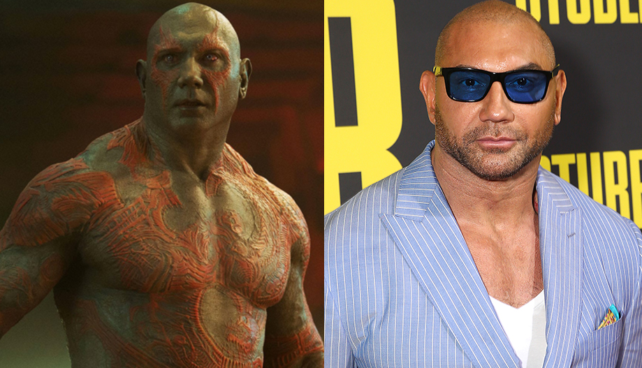 Actor and wrestler Dave Baustista on the right, and his character Drax the Destroyer on the left.