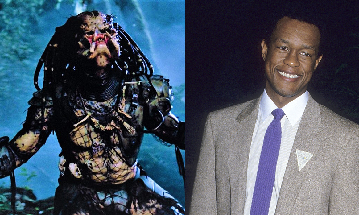 Actor Kevin Peter Hall on the right, and him in the Predator costume on the left.
