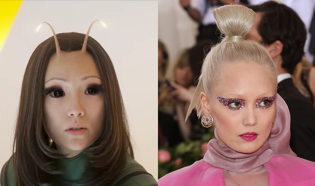Actress Pom Klementieff at the Met Gala on the right, and her character Mantis from Guardians of the Galaxy on the left.