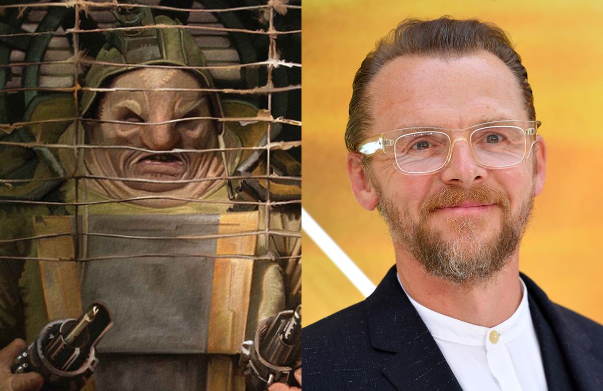 Actor Simon Pegg on the left with his Star Wars: The Force Awakens character, Unkar Plutt, on the left.