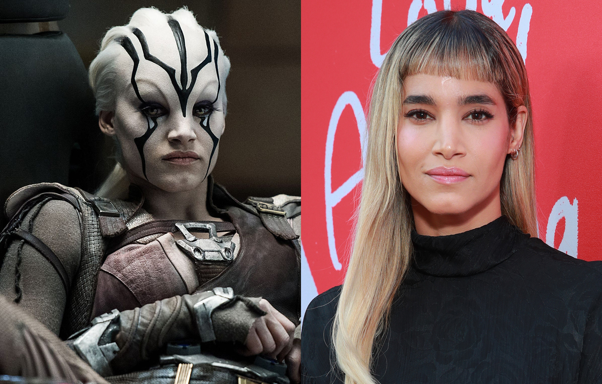Sofia Boutella on the left with her Star Trek role, Jaylah, on the right