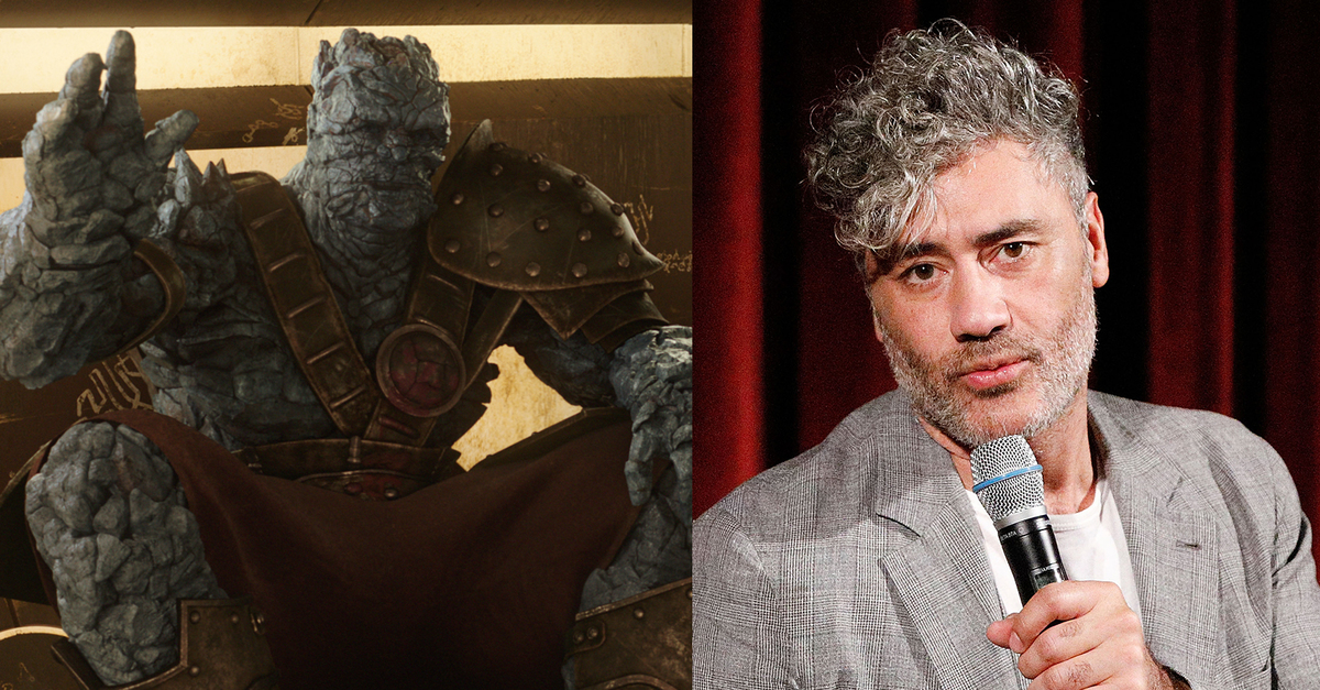 Director and actor Taika Waititi on the right and his character from Thor: Ragnarok, Korg, on the left.
