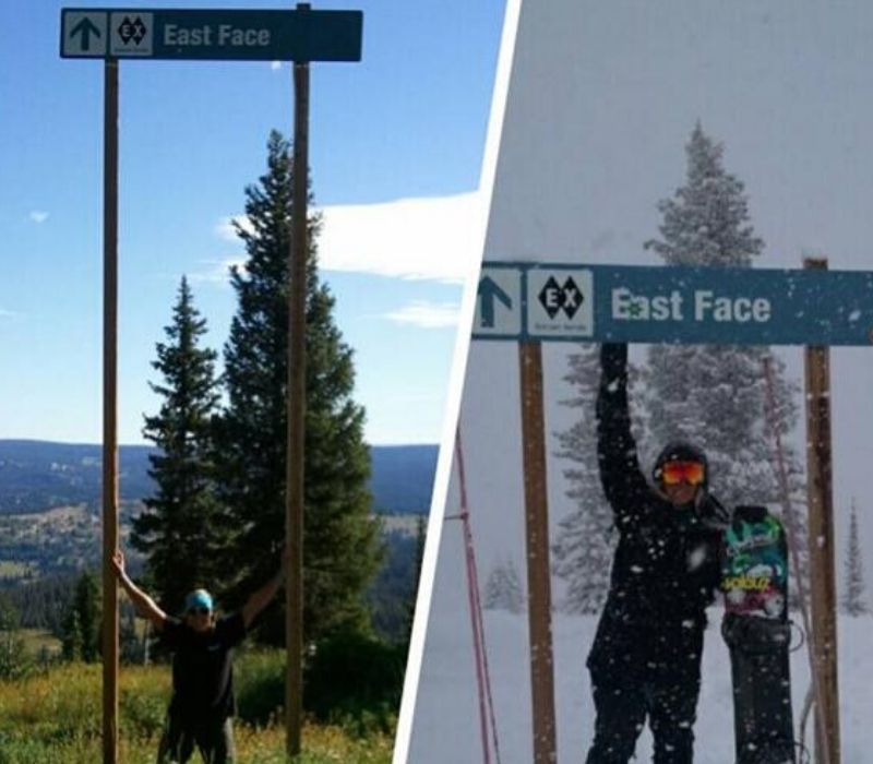ski sign in the summer and the winter