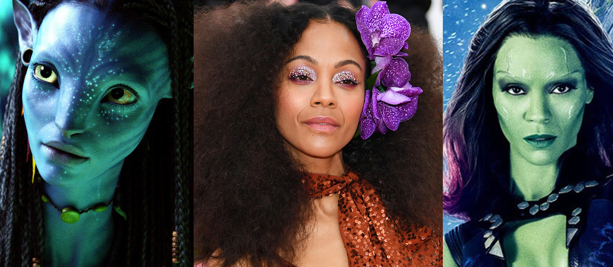 Zoe Saldana in the middle of her two alien roles, Neytiri from Avatar and Gamora from Guardians of the Galaxy