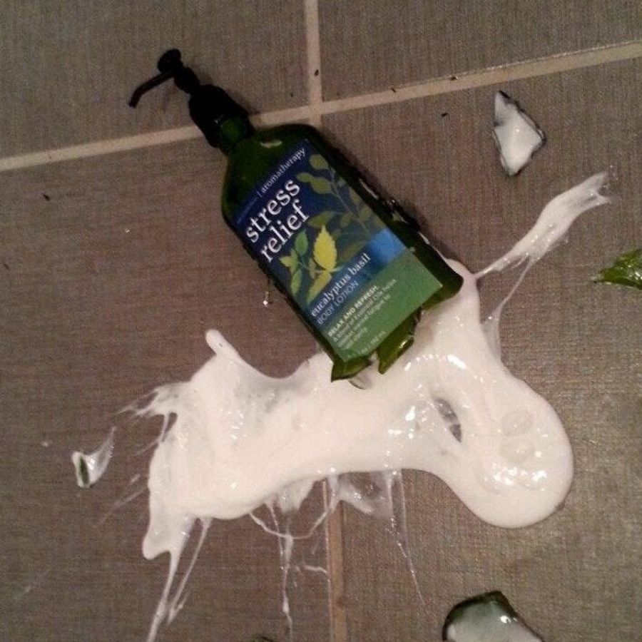 stress relief bottle of lotion broke on floor