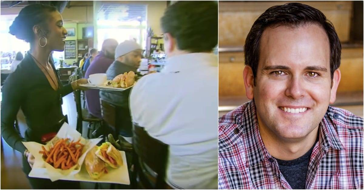 waitress serving food to jason white