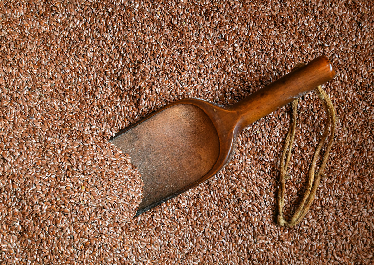 A wooden scoop sits in a huge pile of flaxseeds.