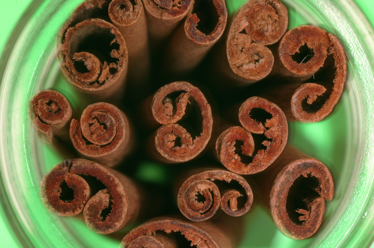 Cinnamon sticks are held in a mint-colored container.