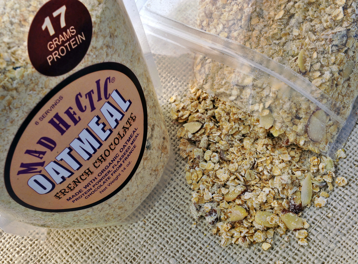 A bag of Mad Hectic oatmeal is spilled.