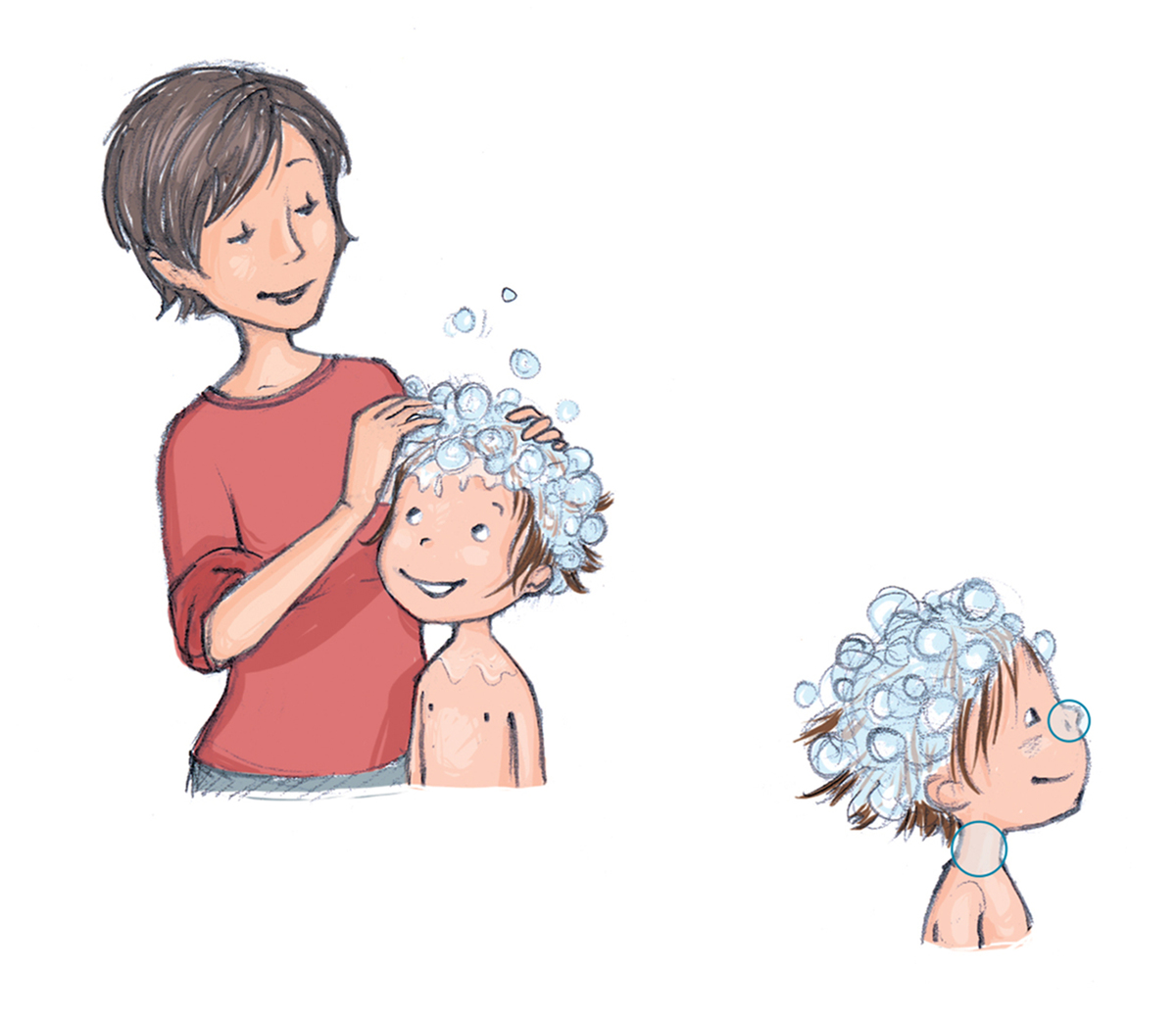 A cartoon features a mother rubbing shampoo into her child's hair.