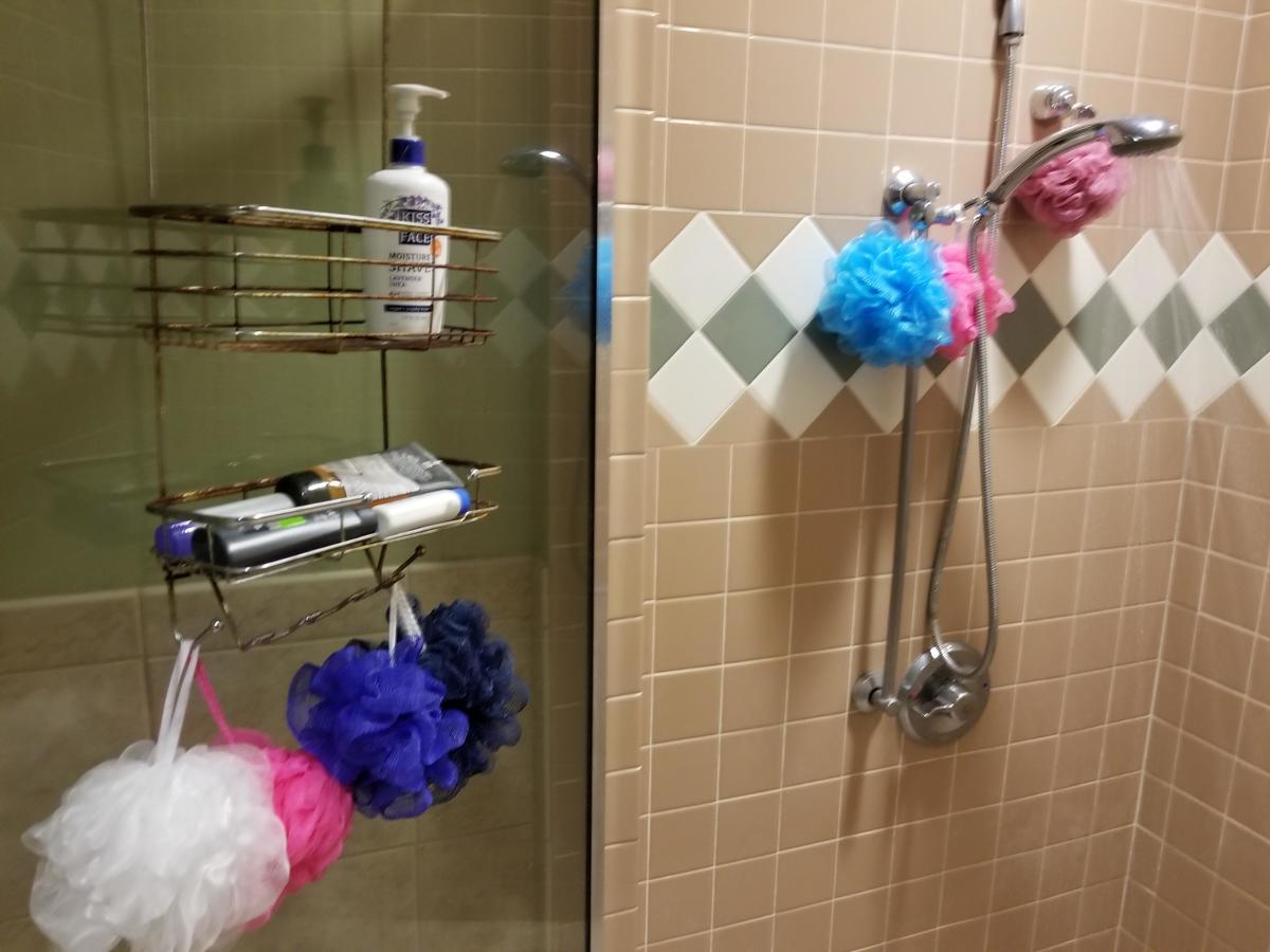 Multiple colored loofahs hang from a shower caddy and showerhead.