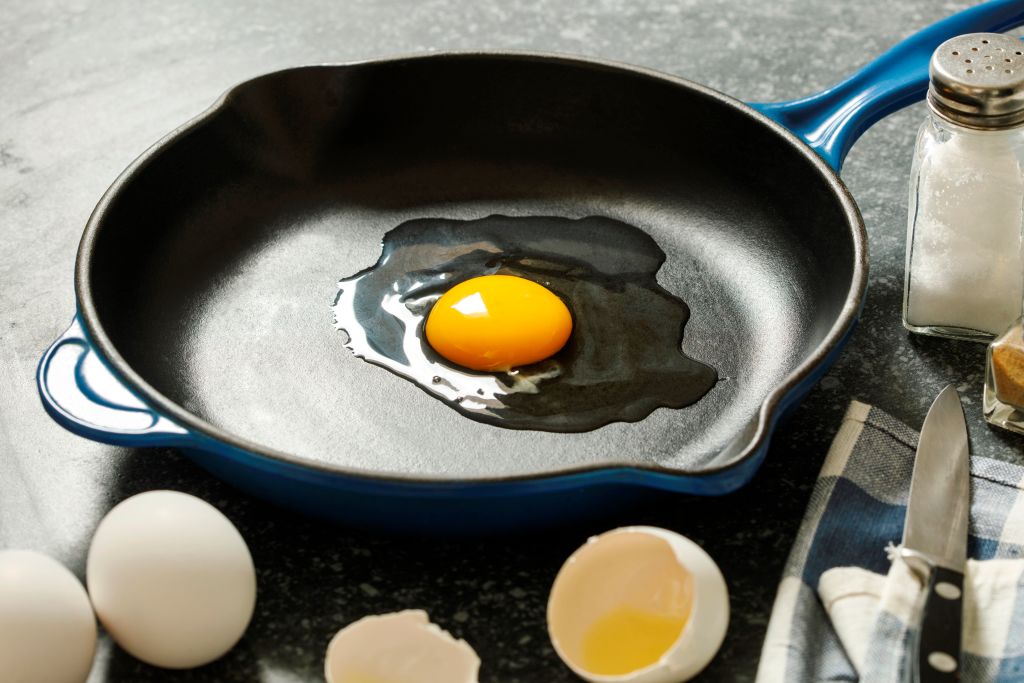 a raw egg in a frying pan