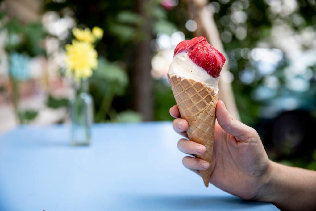 someone holding a vanilla ice cream cone