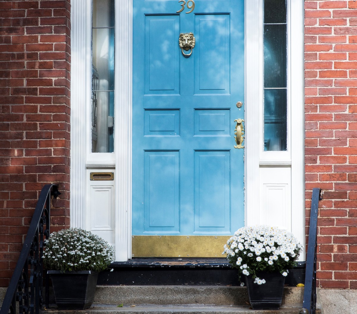Two potted plants sit on either side of a front door.