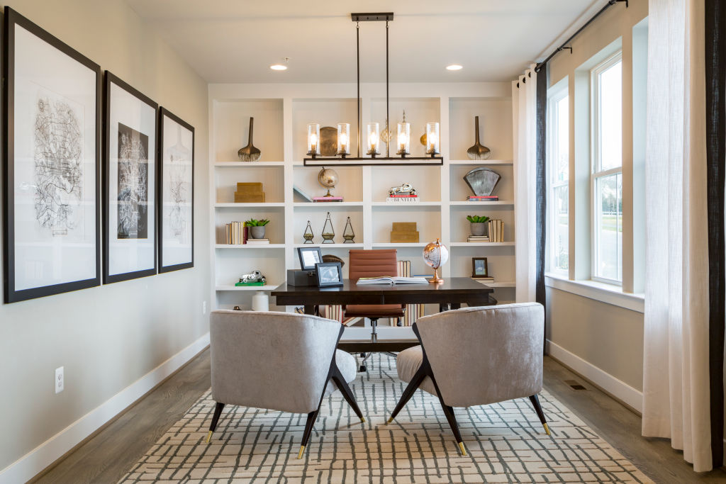A home office overlooks the front yard.