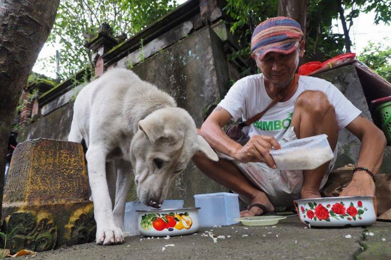 a man feeding a stray dog some rice