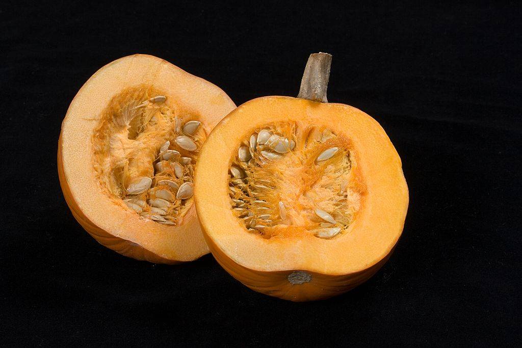 Pumpkin cut in half showing seeds.