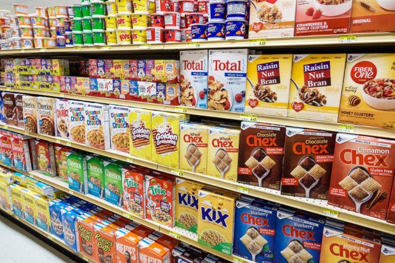 a cereal aisle at the grocery store