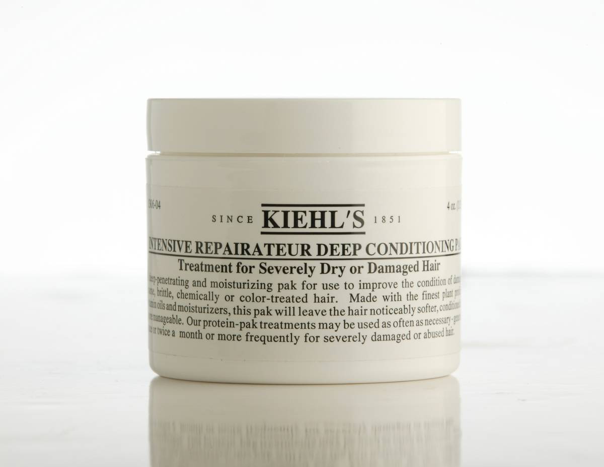 A photo shows a container of Kiehl's deep conditioner.