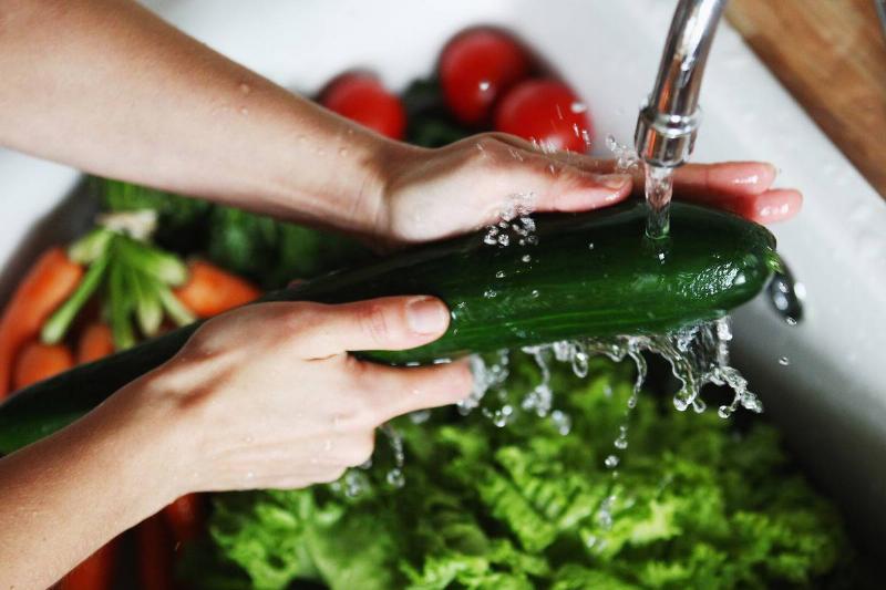 A woman washes cucumbers in a sink.