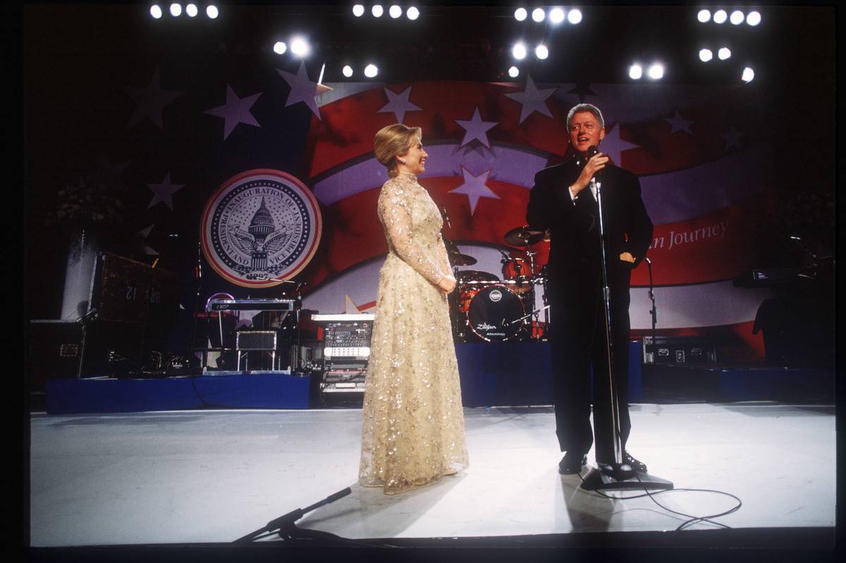 Hillary Clinton applauds during Bill Clinton's 1997 inauguration.
