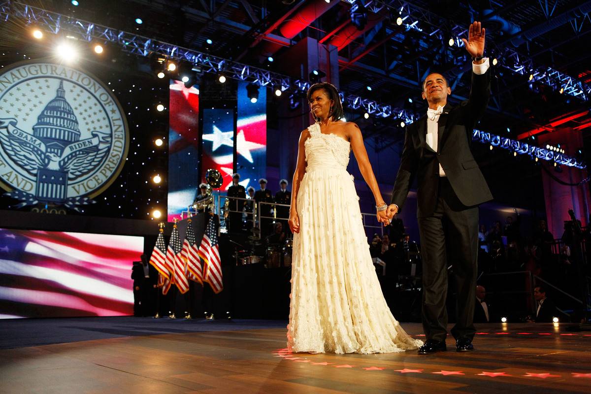 First Lady Michelle Obama waves at the 2009 Inaugural Ball.