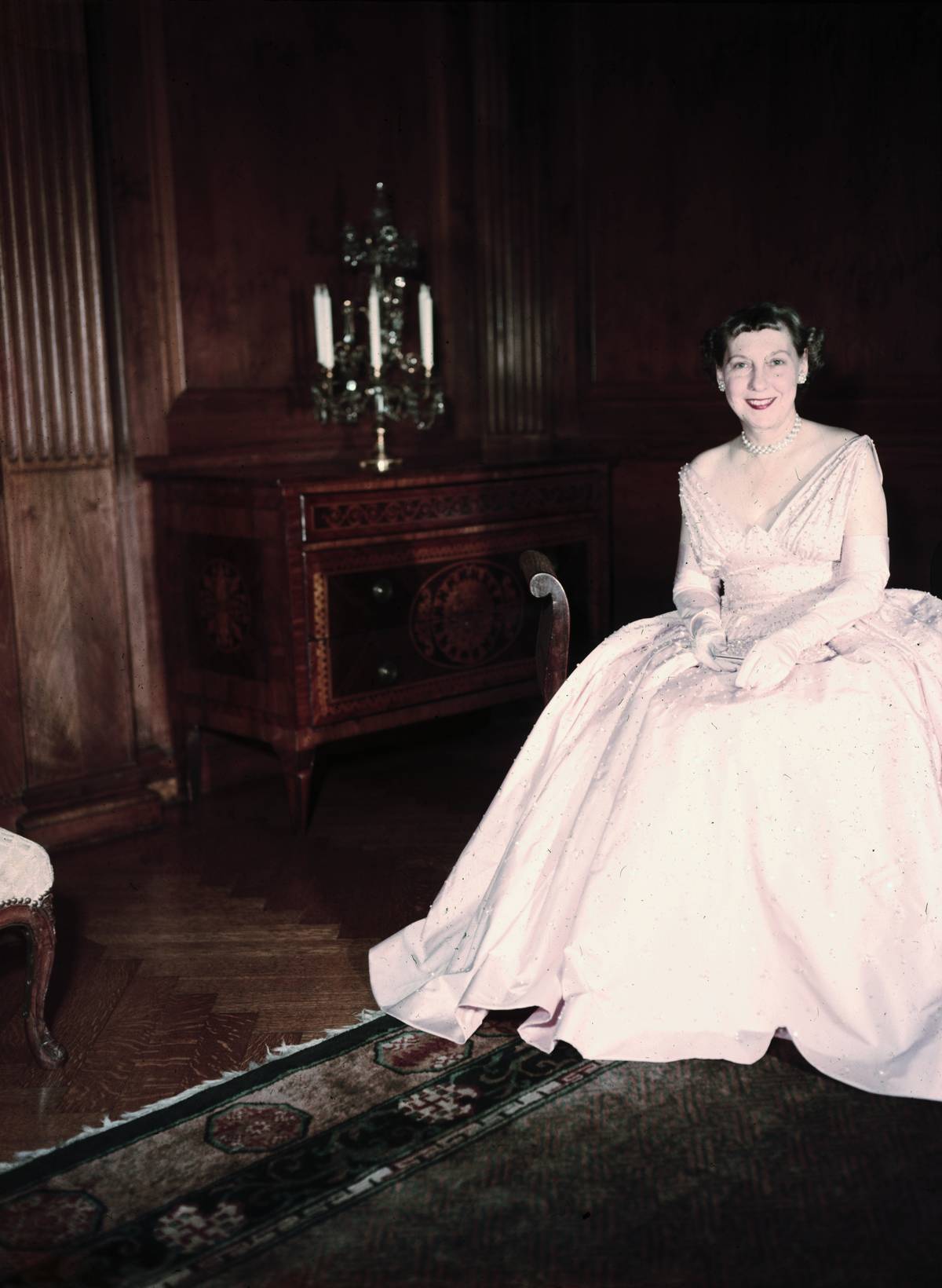 Mamie Eisenhower wears her white inaugural ball gown.