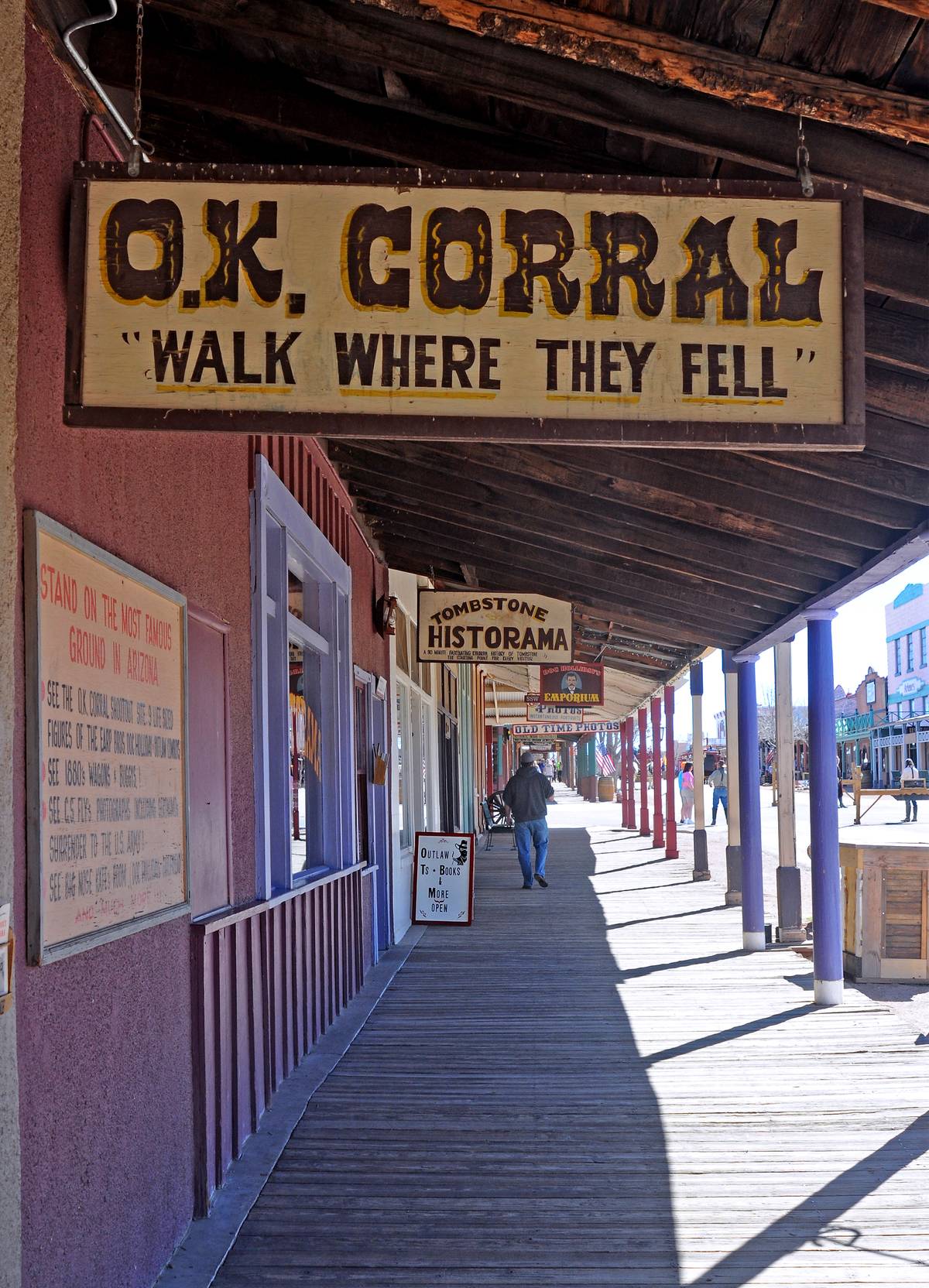 A sign shows where the O.K. Corral stood in Tombstone, Arizona.