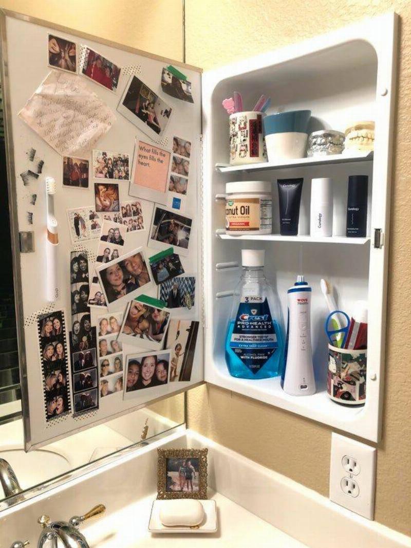 medicine cabinet decorated with photos