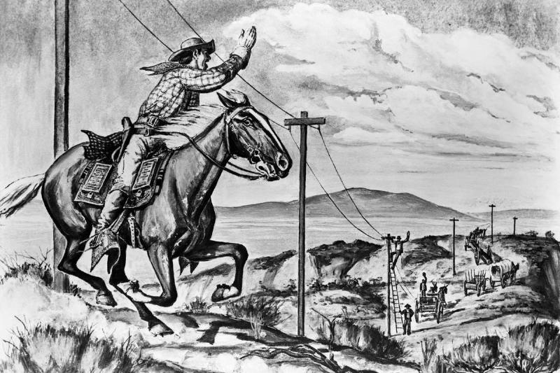 A pony express rider passes telephone lines in a 1861 drawing.