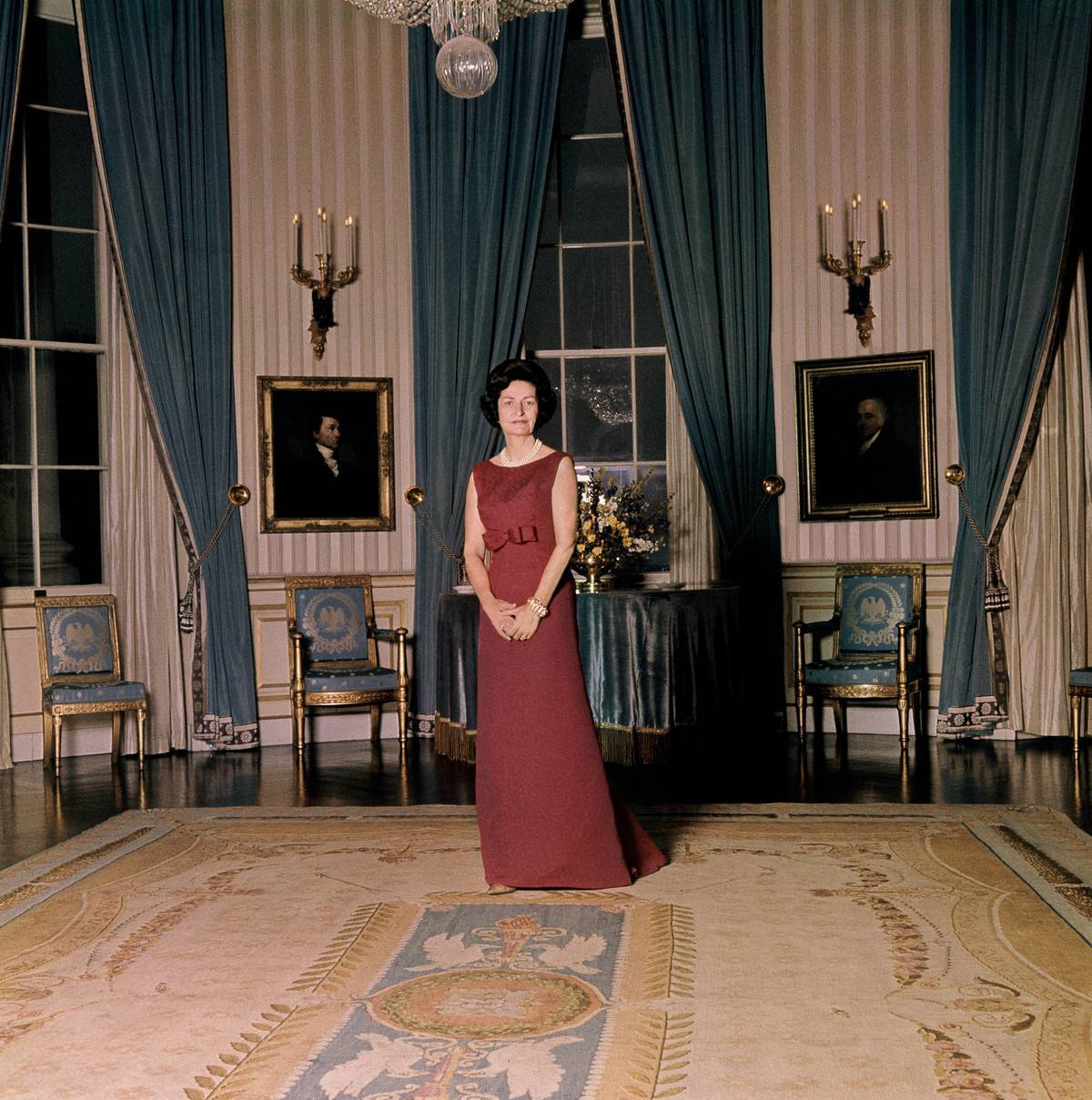 Lady Bird Johnson In Red With Multiple Pearl Accessories
