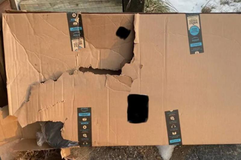 amazon box on porch is ripped up and broken
