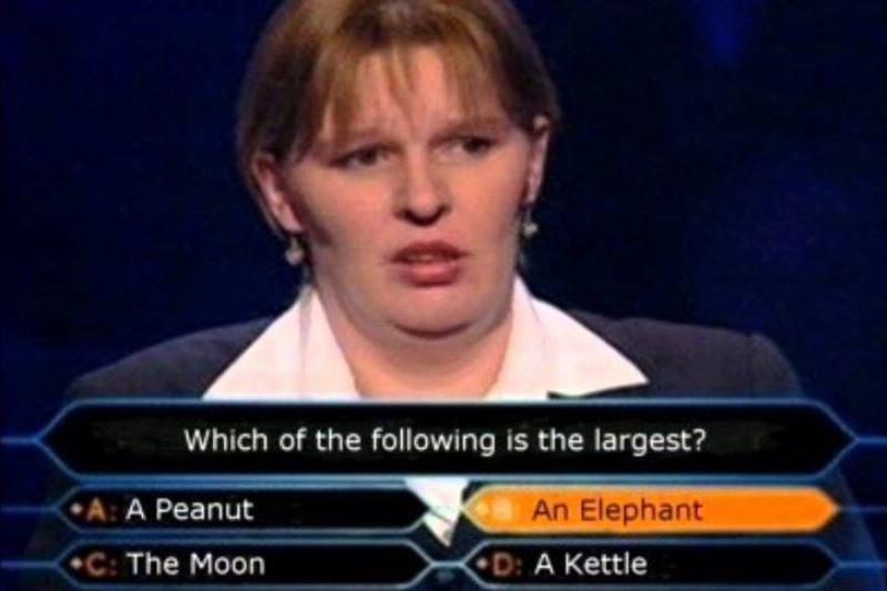 Contestant on Who Wants To Be A Millionaire says an elephant is larger than the moon