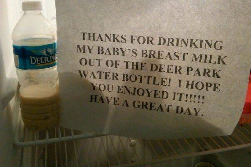 note on bottle of milk in fridge