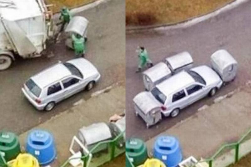 bad parker has car surrounded with dumpsters