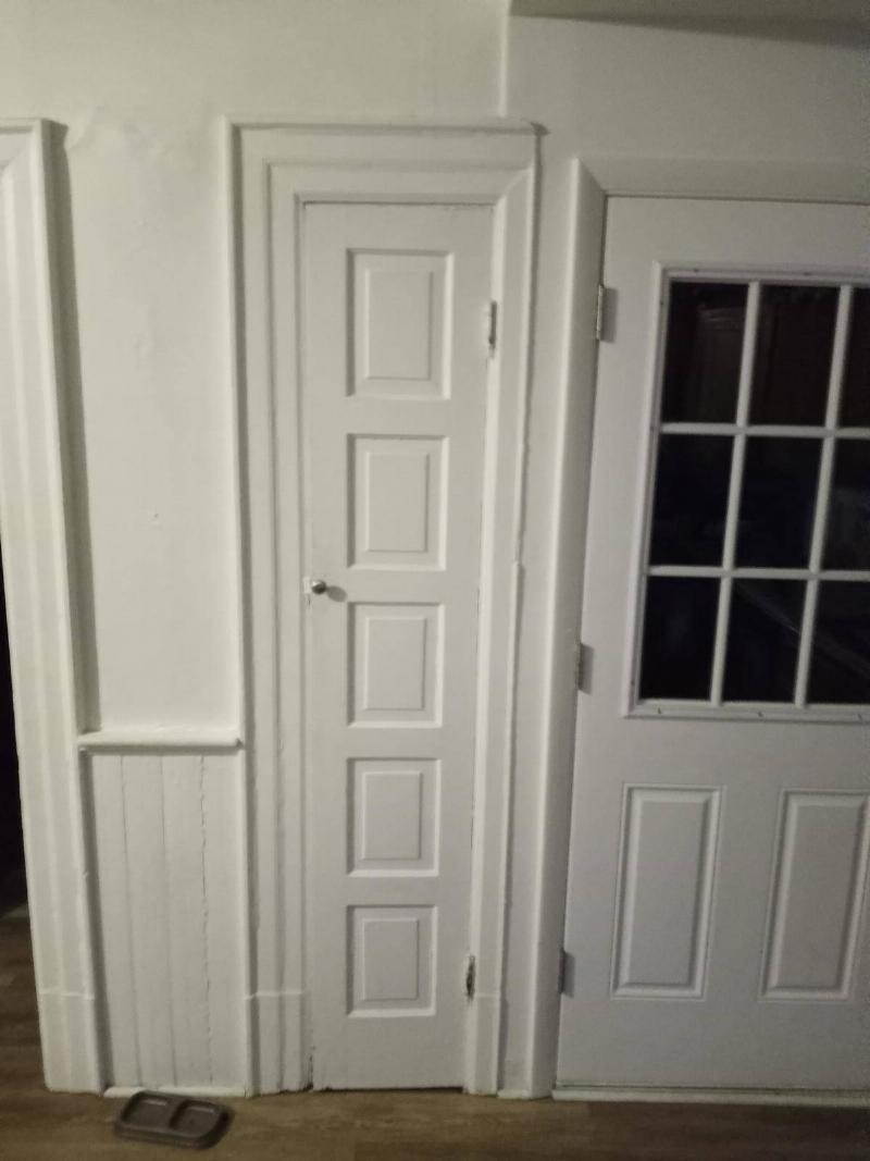 thin door with a small knob placed directly beside a beside front door with glass panes on it