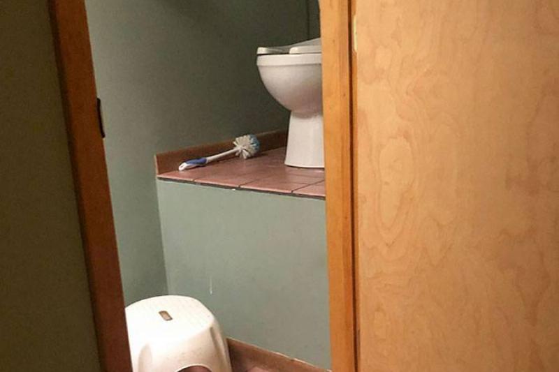 Bathroom with the toilet on a high ledge, not on ground level with a stepping stool to help people get up and down.