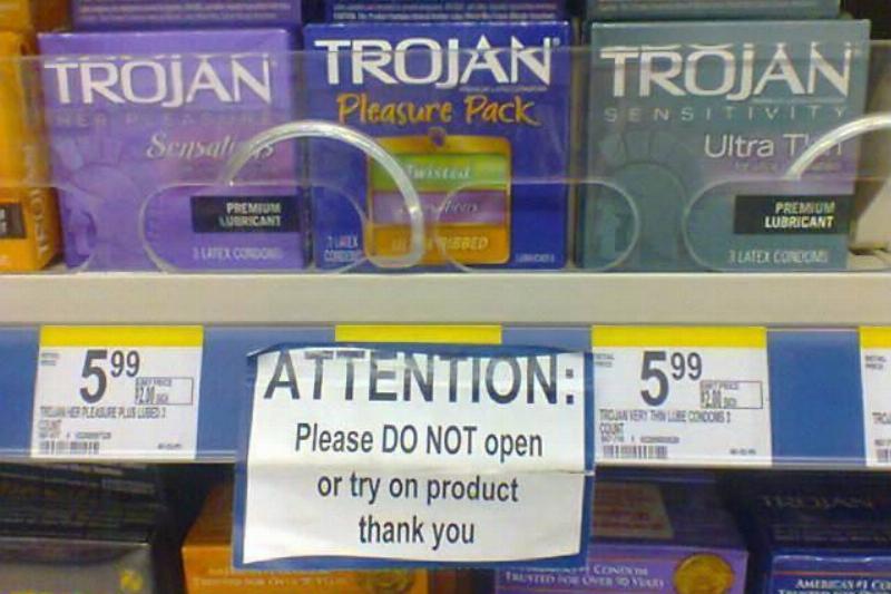 trojan packs sign says not to try on