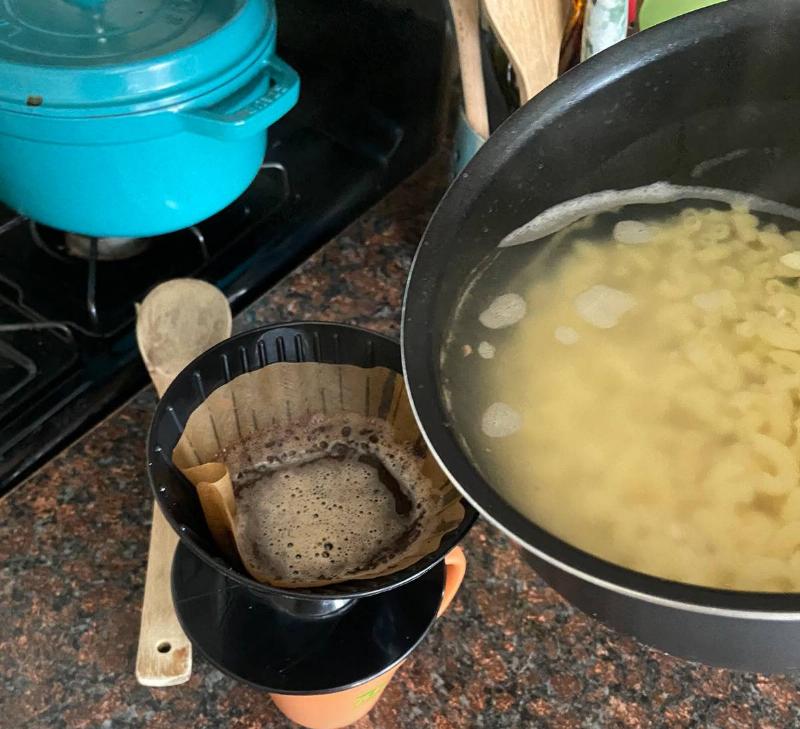 pasta water being poured onto coffee pour over 